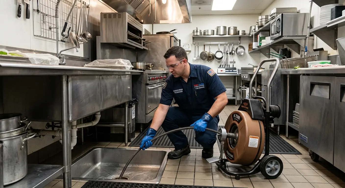 Commercial drain cleaning service in a restaurant kitchen in New Square