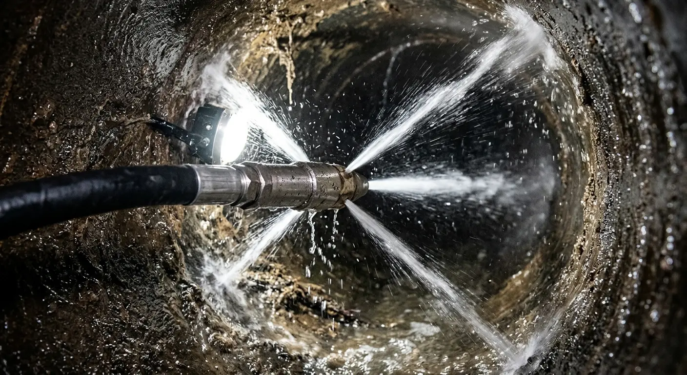 High-pressure hydro jetting nozzle cleaning sewer pipe for Sewer Cleanout in New Square